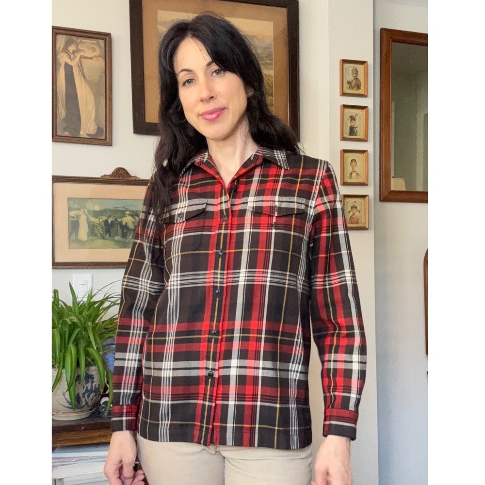 Lauren Ralph Lauren Petite Worsted Wool Plaid Button Up Shirt Red Black P/M